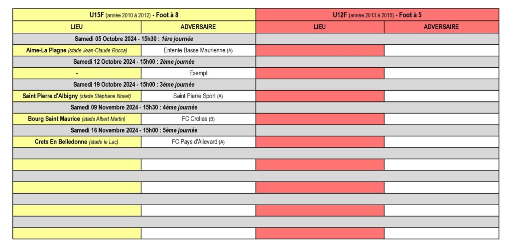 Calendrier des Matchs